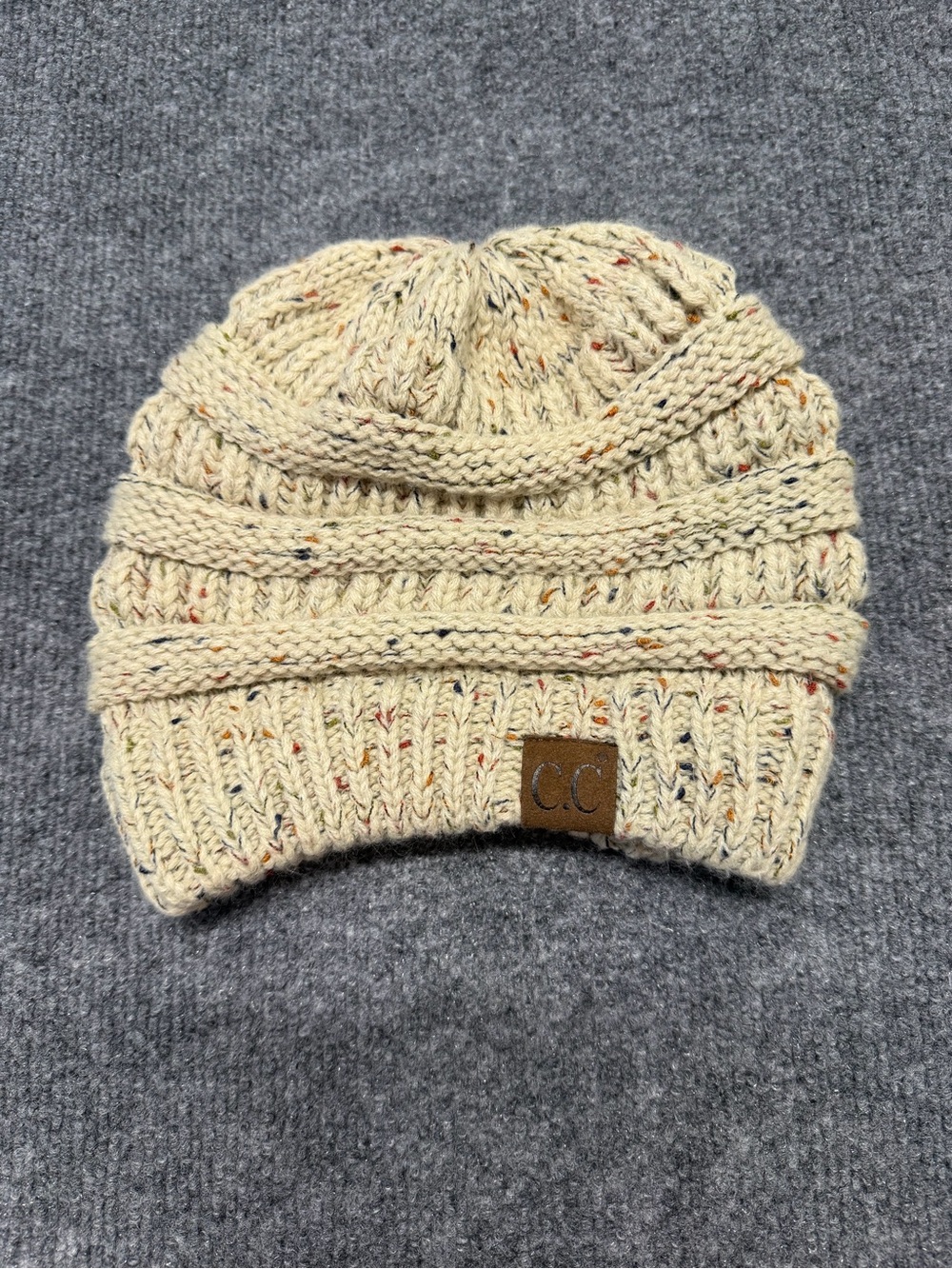 C.C Kids Cream Knit Speckled Pomless Beanie
